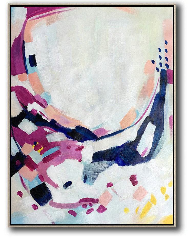 Vertical Palette Knife Contemporary Art,Modern Canvas Art,White,Pink,Purple,Yellow
